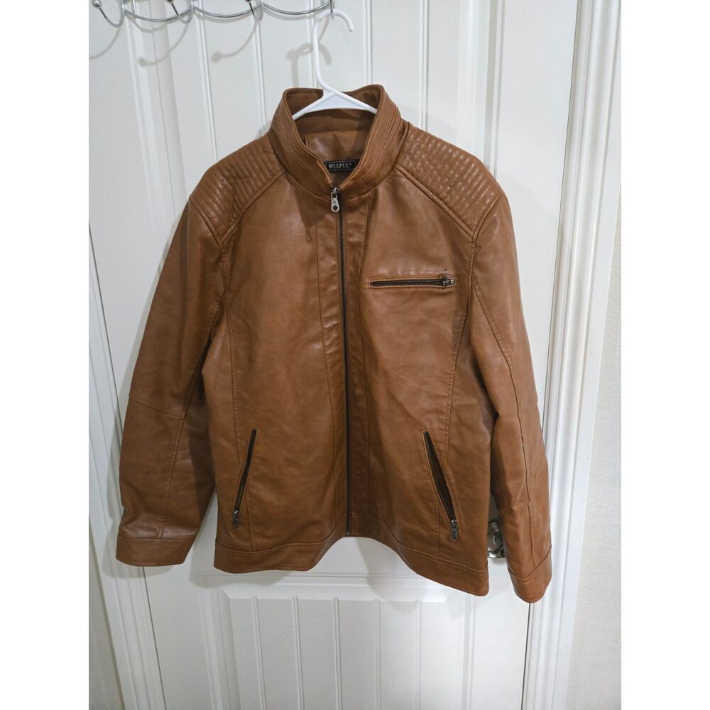 WULFUL Men’s Large Brown Faux Leather Moto Jacket Biker Quilted Shoulder